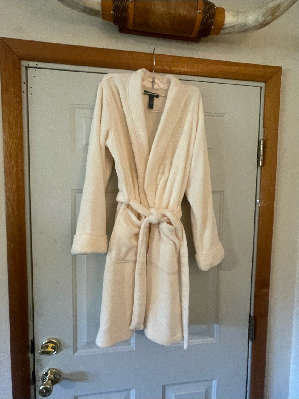 Lauren Ralph Lauren Womens Ivory plush Belted Tie Robe Logo Collared Sz S